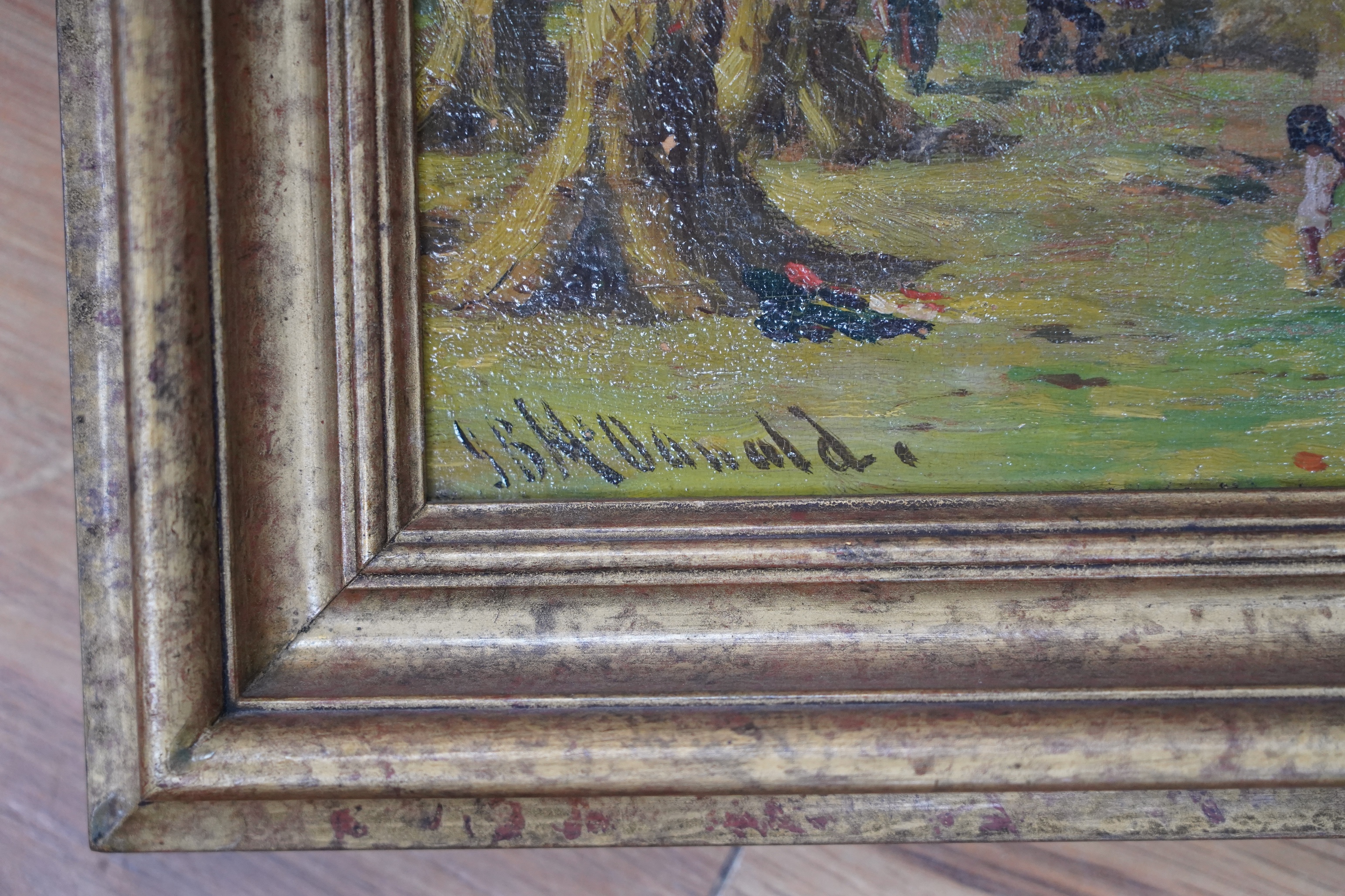 John Blake McDonald (1829-1901), oil on board, Figures haymaking, signed, 25 x 34cm